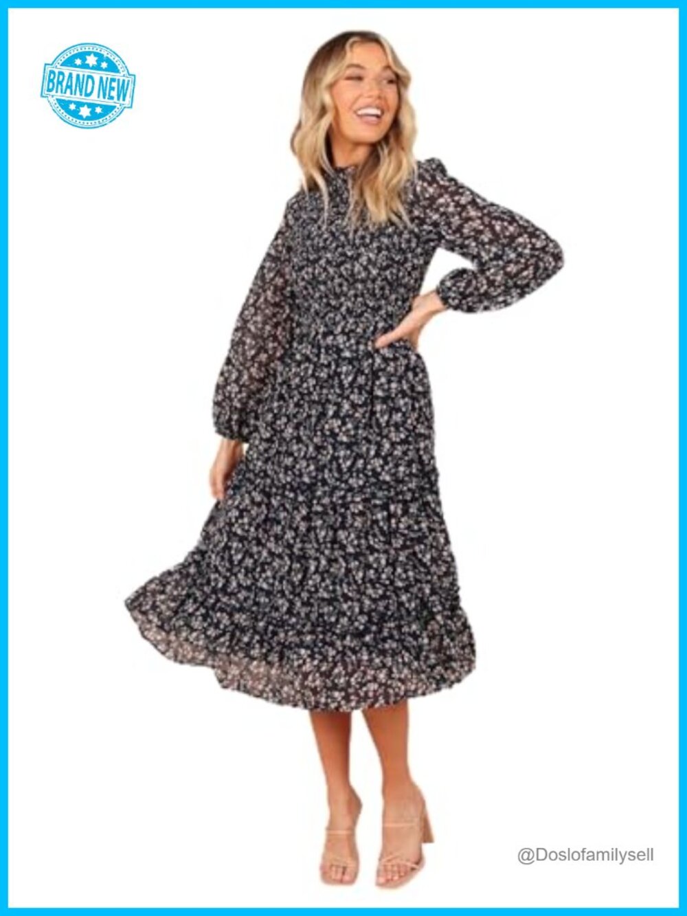 Petal & Pup Edwina Shirred Frill Long Sleeve Midi Dress
